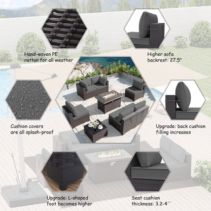 ALAULM 8 Pieces Outdoor Patio Furniture Set with Propane Fire Pit Table Outdoor Sectional Sofa Sets (Grey)