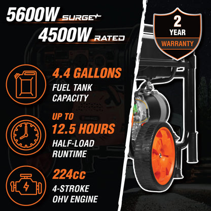 WEN Génératrice portative de 5 600 watts, 224 cc, commutateur de transfert et compatible camping-car (GN5600) 5 600 W + carburant unique + démarrage à rappel 