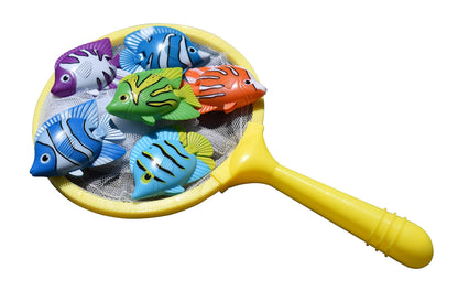 Swimline Fish Catch Game Lot de 6 jouets de plongée avec filet de pêche Jeu de capture et de récupération lesté pour piscine et baignoire pour enfants Anneaux multicolores Plongée sous-marine Pratique Éducation Apprendre