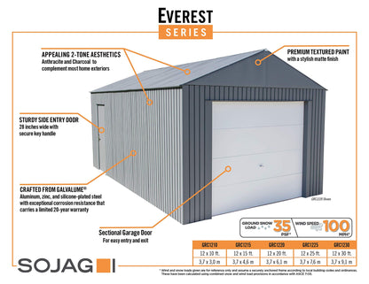 Sojag Everest Galvalume Steel 12' x 20' avec murs extra hauts pour garage, bâtiment de stockage, charbon de bois 12' x 20' 