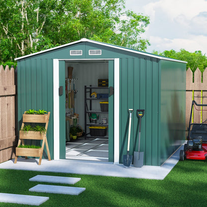 HOGYME 10.5' x 9.1' Storage Shed Large Metal Shed, Sheds &Outdoor Storage Clearance Suitable for Garden Tool Bike Lawn Mower Ladder, Utility Tool House w/ Lockable/Sliding Door, 4 Vents, Green