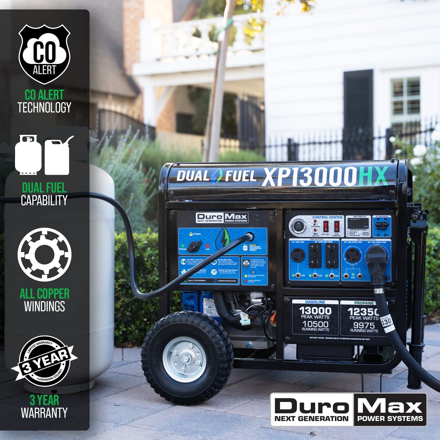 DuroMax XP13000HX Dual Fuel Portable Generator - 13000 Watt Gas or Propane Powered with Electric Start