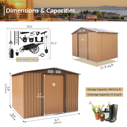 JAXSUNNY Abri de rangement extérieur de 6 x 8 pieds, abri de jardin avec portes coulissantes, bâtiment de stockage utilitaire pour patio, arrière-cour, pelouse, avec 4 aérations, 5,8' de hauteur, café 6' x 8' 