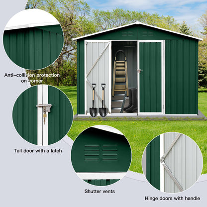 EMKK 8x6 FT Outdoor Storage Shed, Garden Tool Storage Shed with Sloping Roof and Lockable Door, Metal Garden Sheds Outdoor Shed Galvanized Steel Shed, Outside Storage House for Backyard Garden Patio C-Green White 8 x 6 FT Storage Sheds