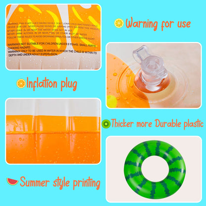 90shine 5PCS Fruit Piscine Flotteurs Pastèque Kiwi Orange Citron Anneaux De Natation avec 13.5" Ballon De Plage - Tubes Gonflables Floaties Jouets pour Enfants Adultes