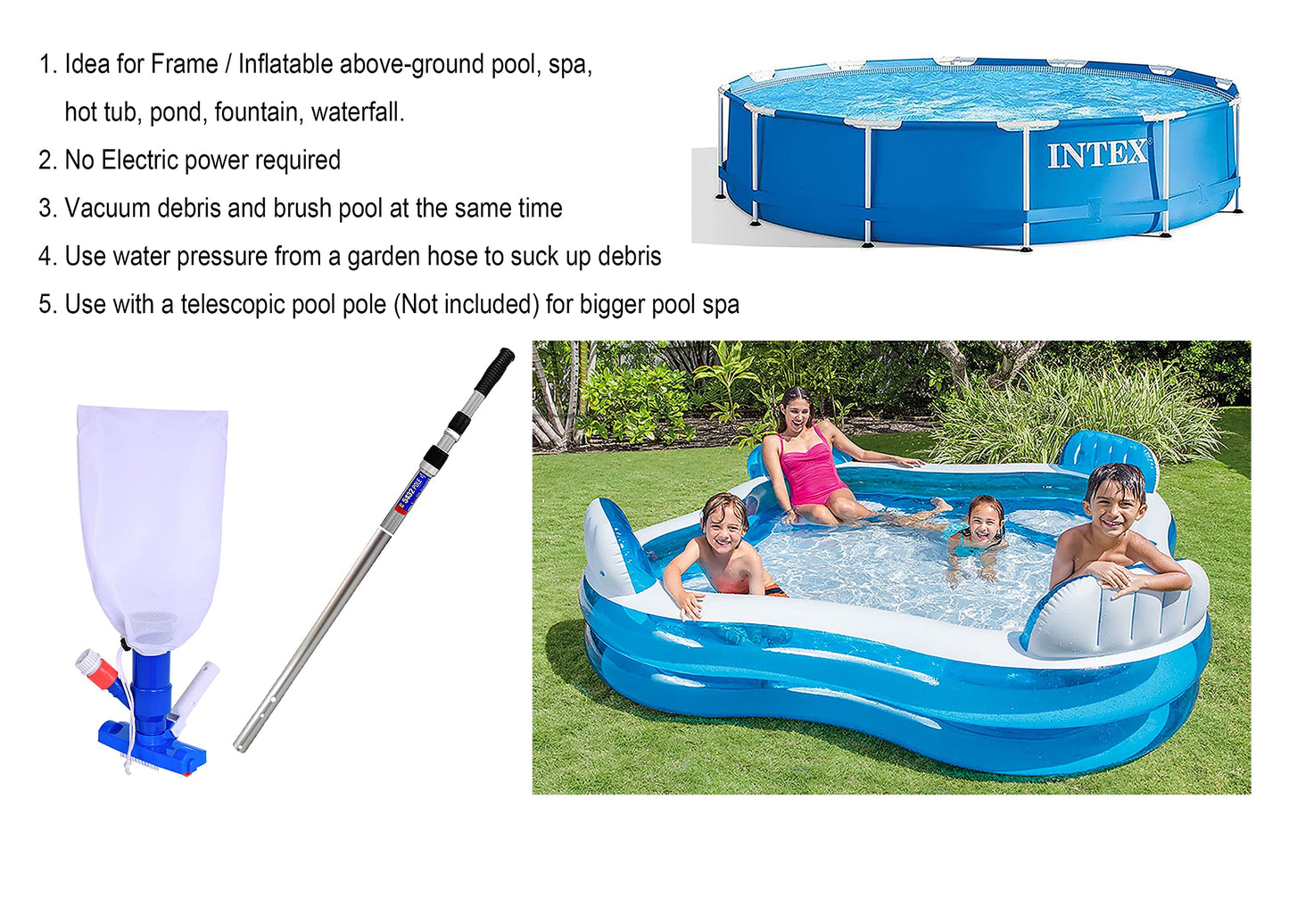 PoolSupplyTown Pool Spa Jet Vacuum Cleaner w/ Brush, Ideal for Frame Above Ground/Inflatable Pools, Spa, Hot Tub, Pond, Fountain Vacuuming, No Electric Power Needed, Use Water Pressure From Garden Hose to Vacuum (Use with A Telescopic Pool Pole, Not In...