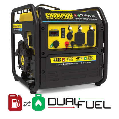 Champion Power Equipment 200914 Générateur inverseur à cadre ouvert de 4 250 W, technologie double carburant 4 250 W + double carburant + démarrage manuel 