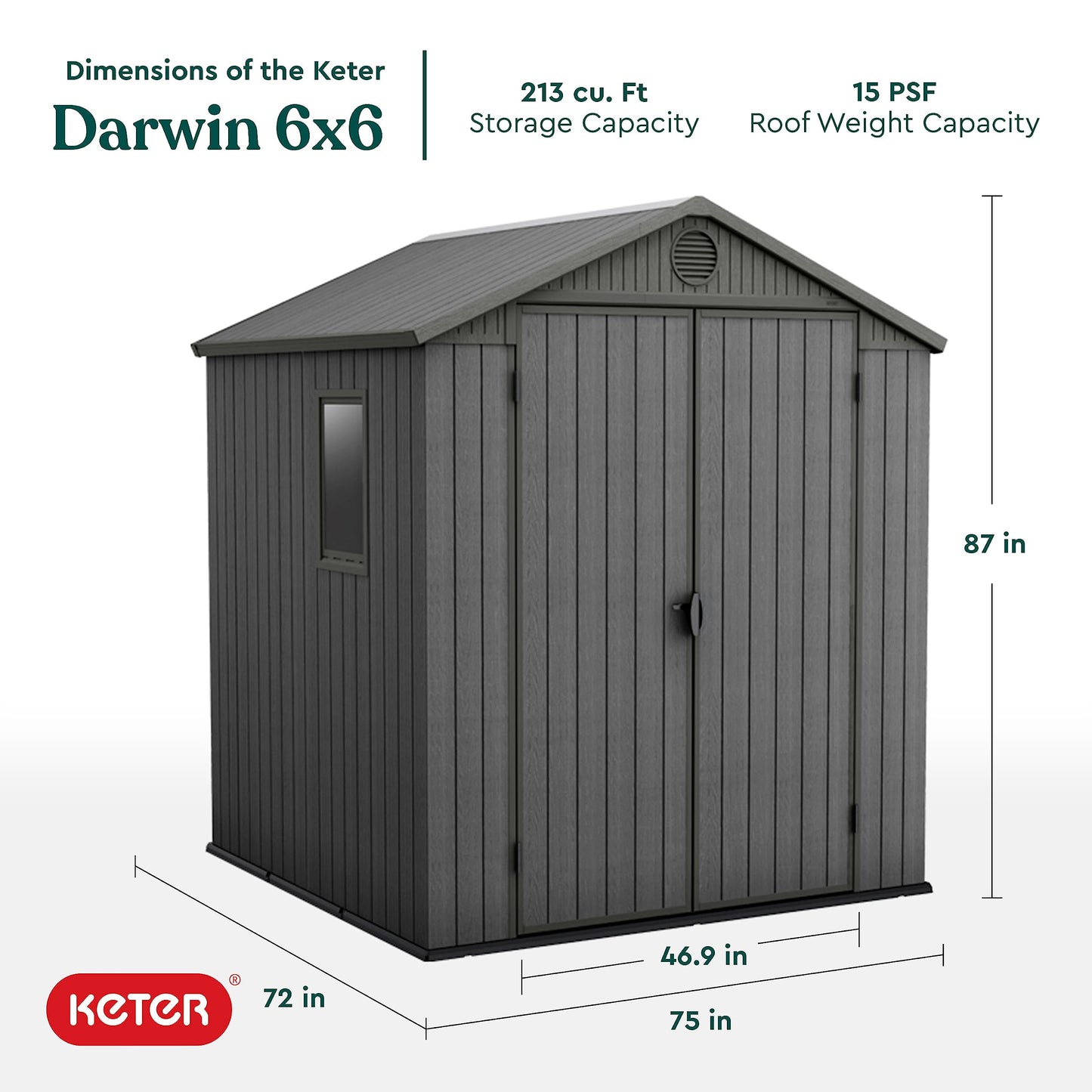 Keter Darwin Abri de rangement extérieur spacieux et robuste de 6 x 6 pieds pour organiser les accessoires et outils de jardin avec doubles portes et plafond haut, gris 