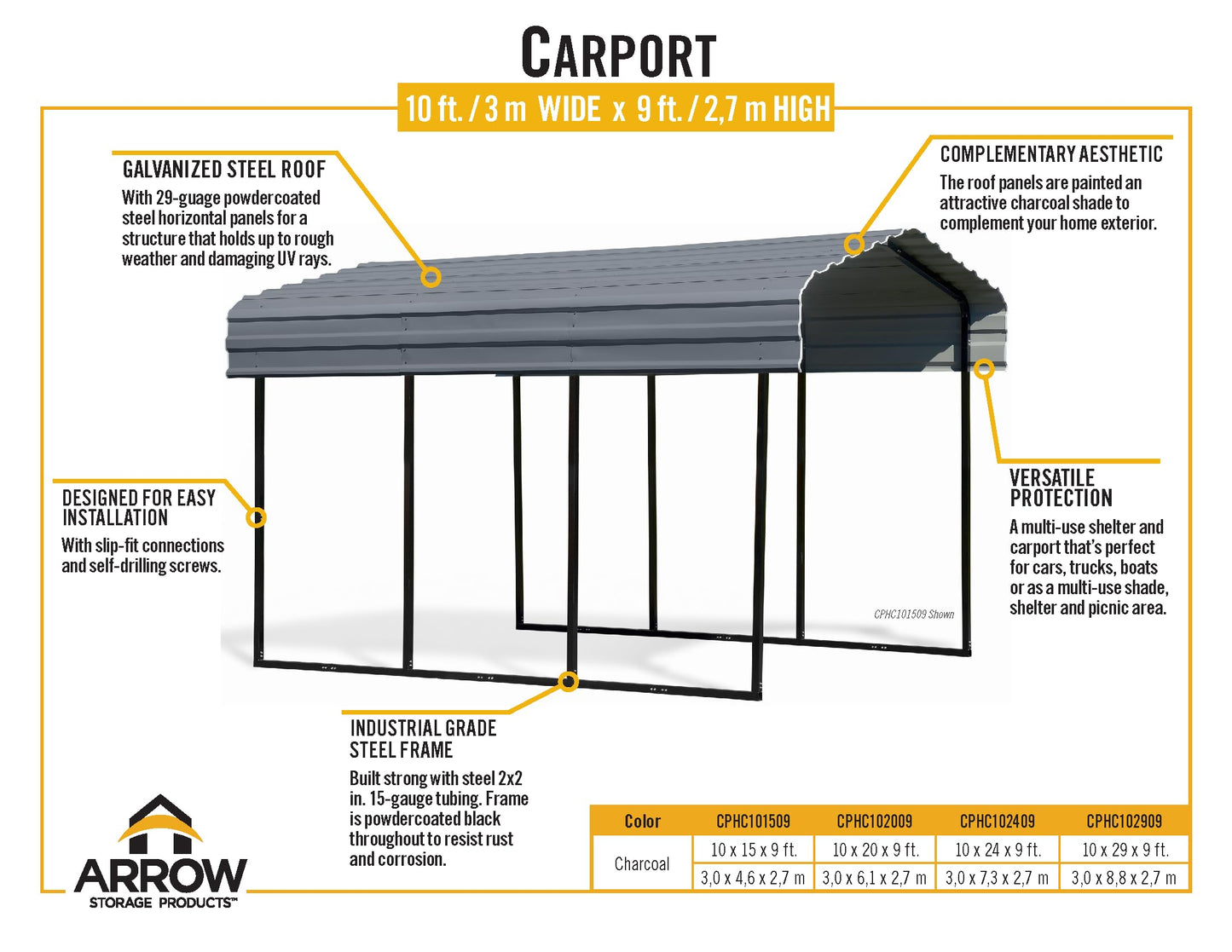 Arrow Carport, 10 ft. x 24 ft. x 9 ft. Charcoal 10' x 24' x 9'