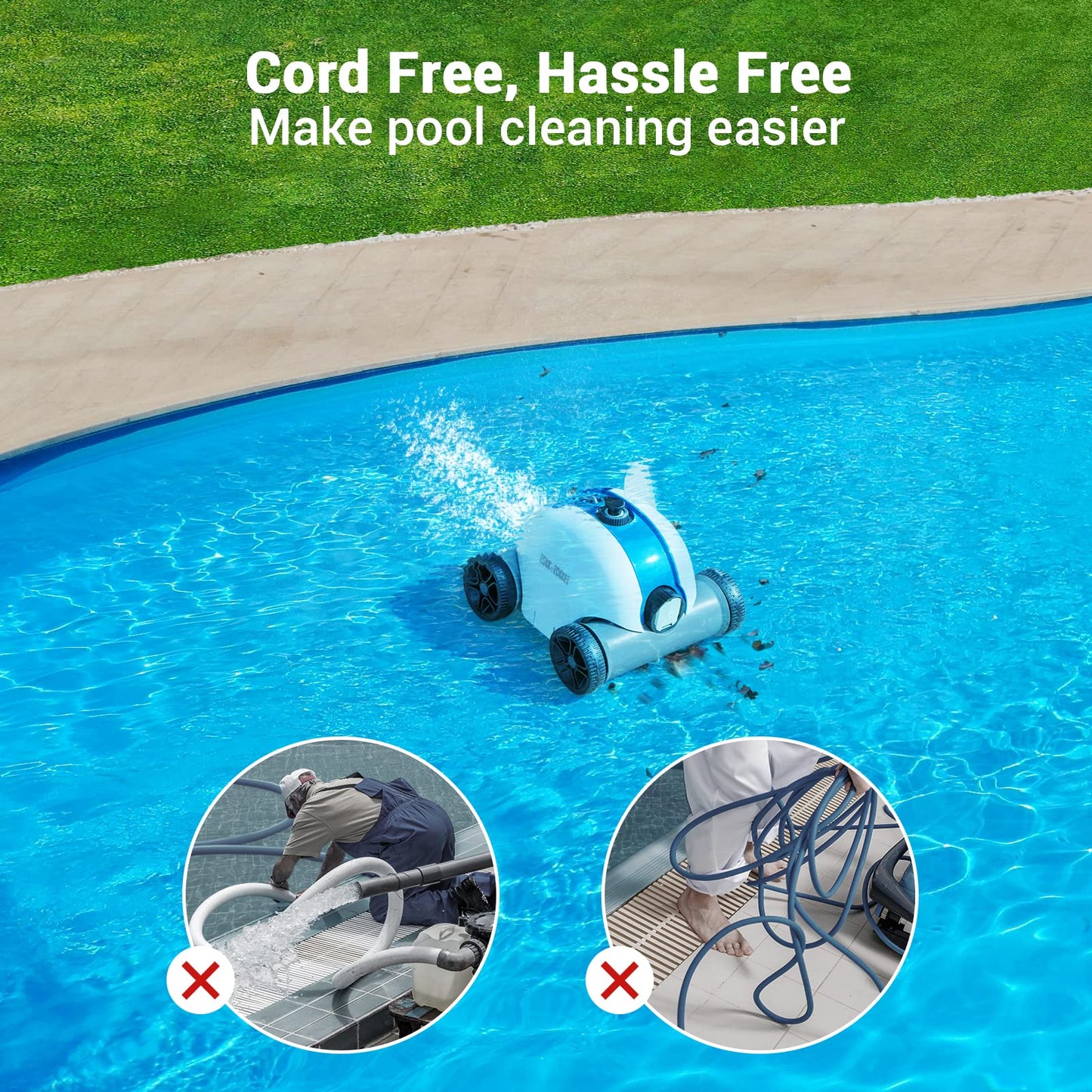 Robot nettoyeur de piscine sans fil, aspirateur de piscine automatique avec 60 à 90 minutes de temps de travail, batterie rechargeable, étanche IPX8 pour piscines hors sol/enterrées jusqu'à 861 m²