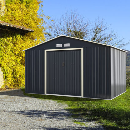 Goplus Abri de rangement en métal 11' X 8' Organisateur de bâtiment extérieur avec 4 aérations et double porte coulissante pour jardin, arrière-cour, ferme (11' X 8') 11' X 8' 