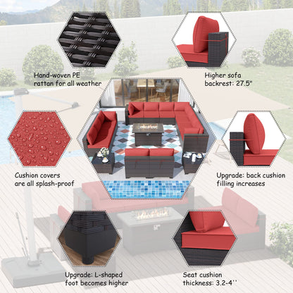 ALAULM 15 Pieces Patio Furniture Set with Propane Fire Pit Table Outdoor Sectional Sofa Sets (Rose Red)