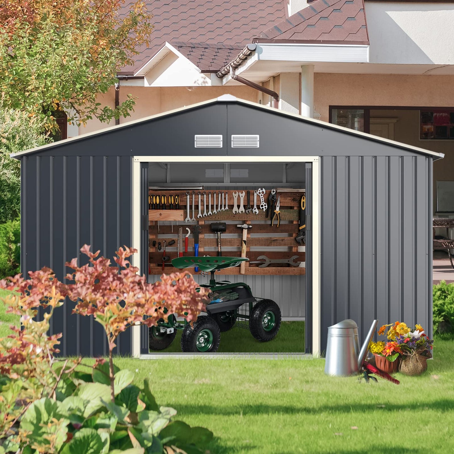 Goplus Outdoor Storage Shed, 11' X 10' Metal Garden Shed with 4 Vents & Double Sliding Door, Utility Tool Shed Storage House for Backyard, Patio, Lawn 11'X10'