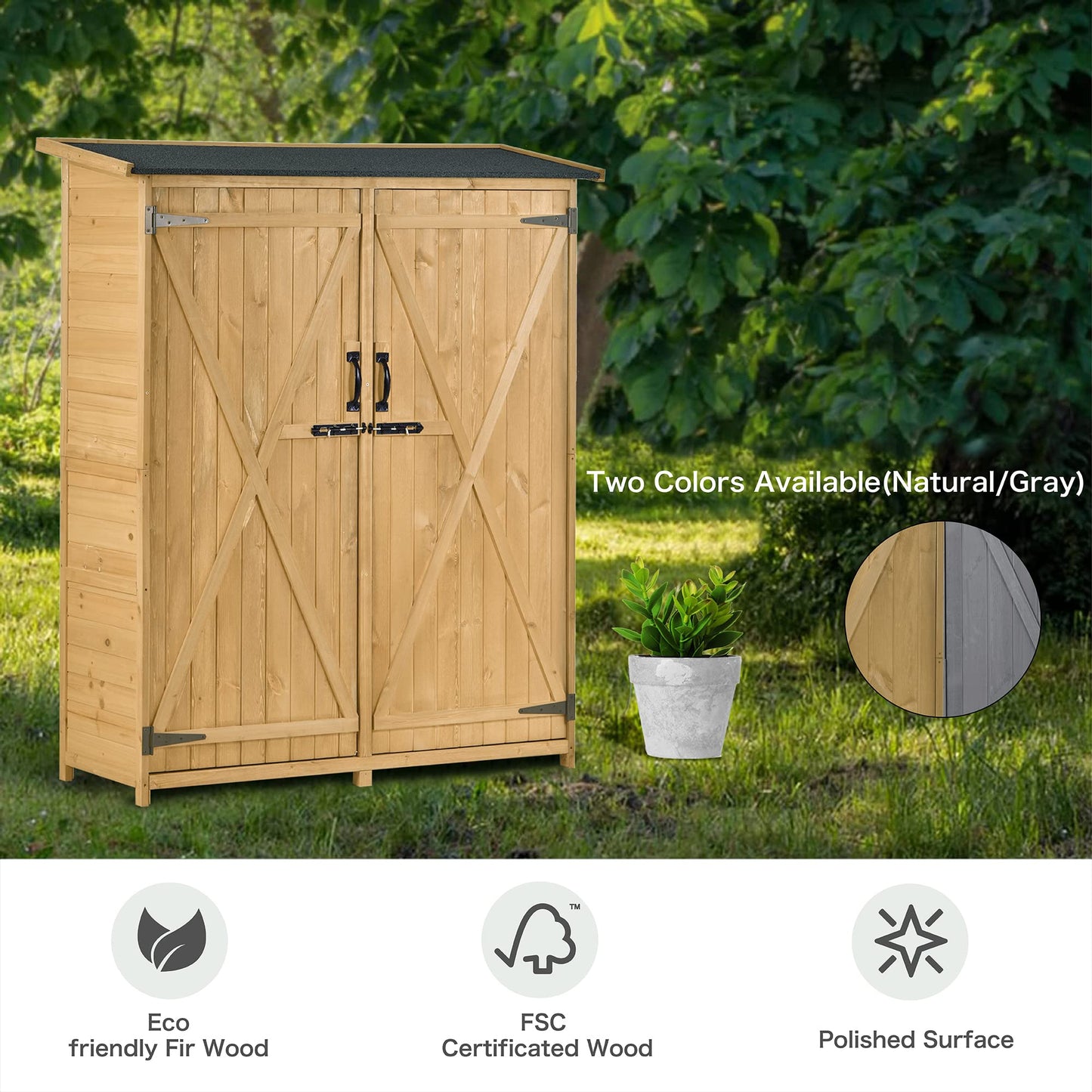 GLORHOME Wood Outdoor Storage Shed 5.3ft Hx4.6ft L Tool Organizer,Garden Shed, Storage Cabinet with Waterproof Asphalt Roof, Double Lockable Doors, 3-Tier Shelves for Backyard LawnGarden, Natural Wooden Storage Sheds 5.3 x 4.6ft