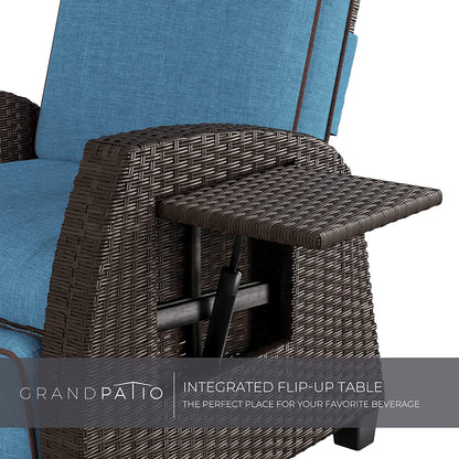 Grand patio Outdoor Recliners Set of 2 Patio Recliner Chair, All-Weather Wicker Reclining Patio Chairs, Flip-up Side Table, Recliner Chair, Peacock Blue Peacock Blue 2pcs 2 PCS