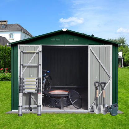 Lyromix 10' × 8' Metal Outdoor Storage Shed with Door & Lock, Waterproof Garden Storage Tool Shed with Base Frame for Backyard Patio, Dark Green 10×8 FT