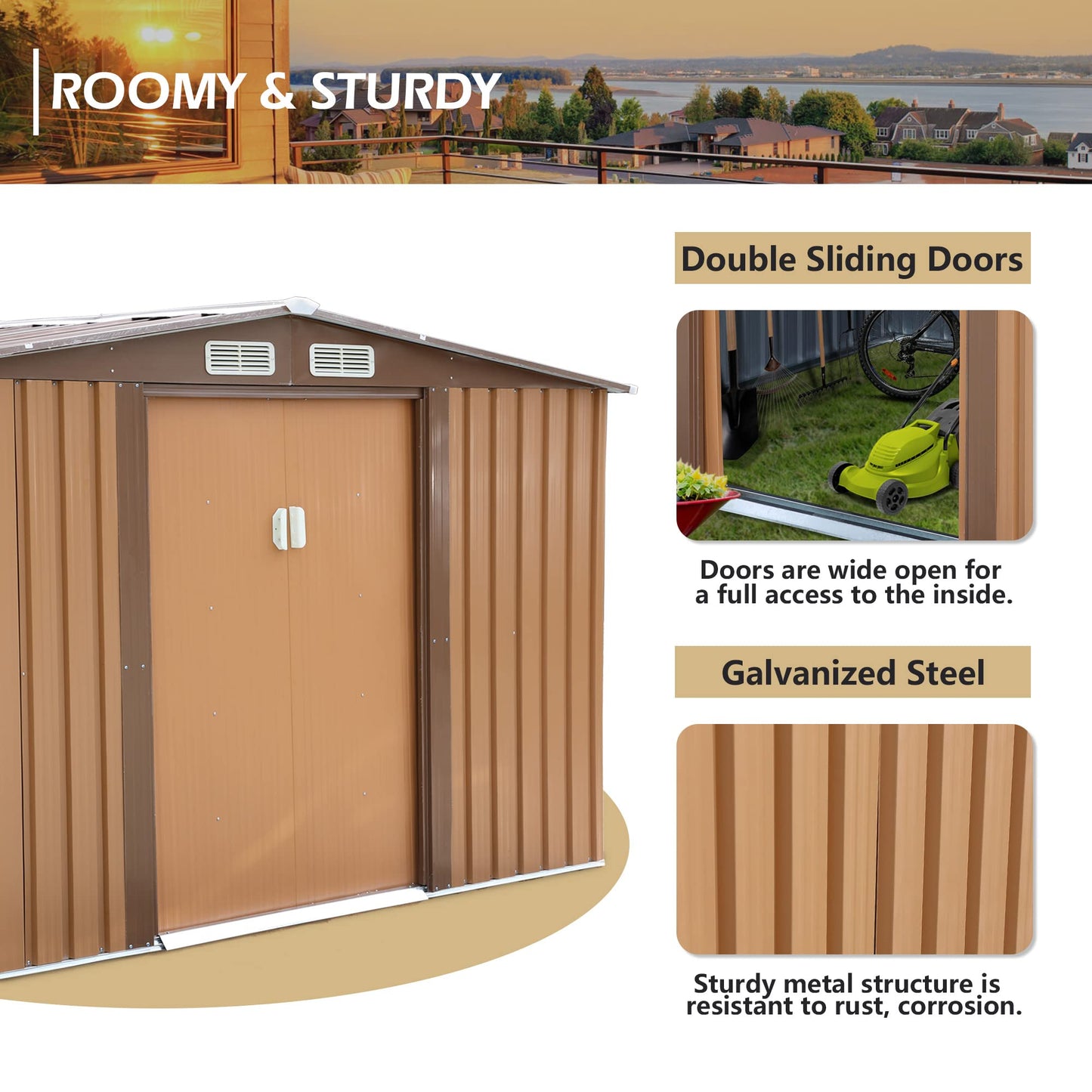 JAXSUNNY Abri de rangement extérieur de 6 x 8 pieds, abri de jardin avec portes coulissantes, bâtiment de stockage utilitaire pour patio, arrière-cour, pelouse, avec 4 aérations, 5,8' de hauteur, café 6' x 8' 