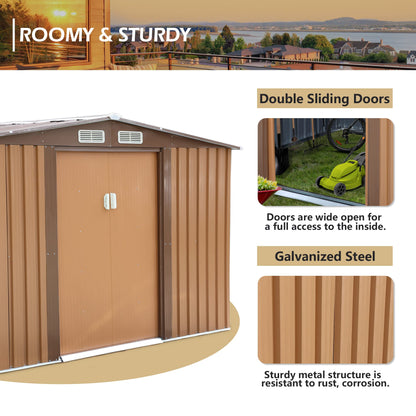 JAXSUNNY Abri de rangement extérieur de 6 x 8 pieds, abri de jardin avec portes coulissantes, bâtiment de stockage utilitaire pour patio, arrière-cour, pelouse, avec 4 aérations, 5,8' de hauteur, café 6' x 8' 