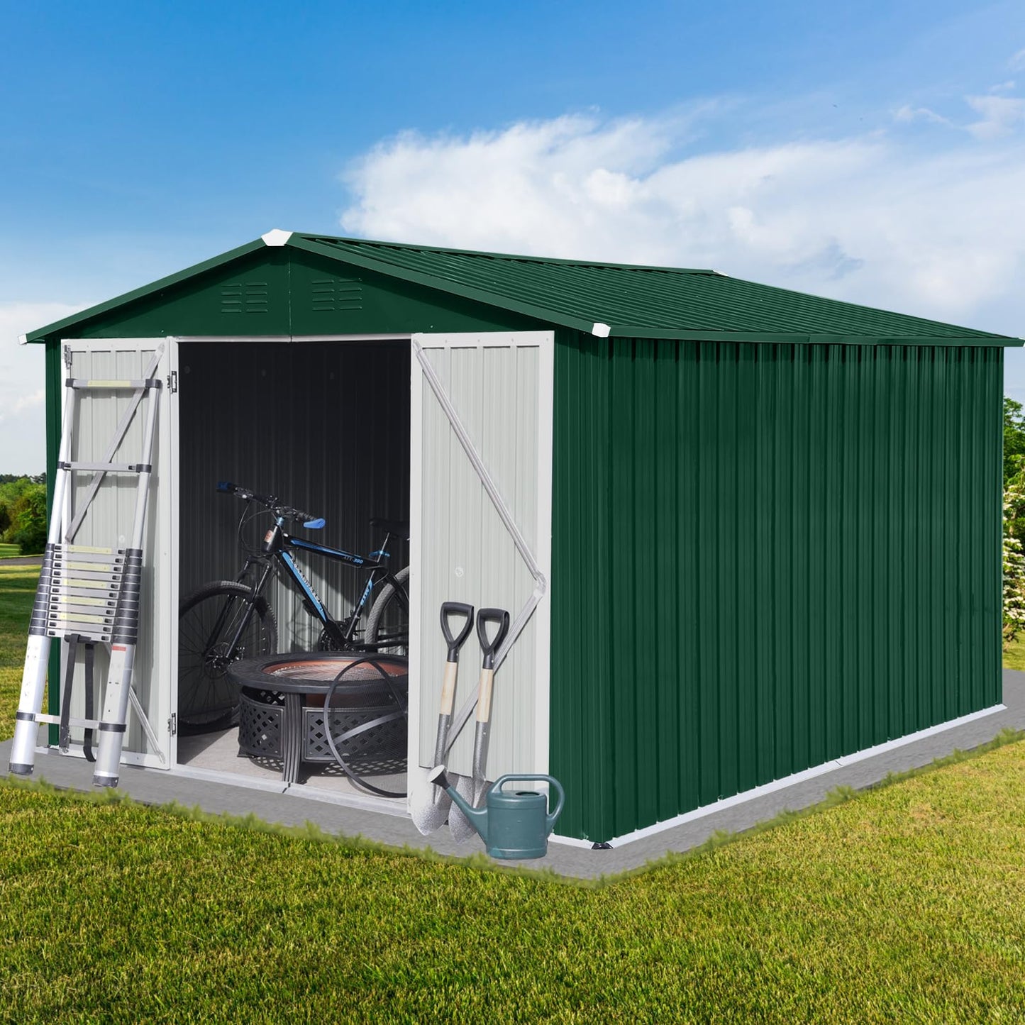 Lyromix 10' × 8' Metal Outdoor Storage Shed with Door & Lock, Waterproof Garden Storage Tool Shed with Base Frame for Backyard Patio, Dark Green 10×8 FT