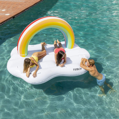 FUNBOY Flotteur de piscine gonflable géant de luxe arc-en-ciel Cloud Island, lit flottant, deux porte-gobelets, flotteur de luxe pour fête de piscine d'été et divertissement