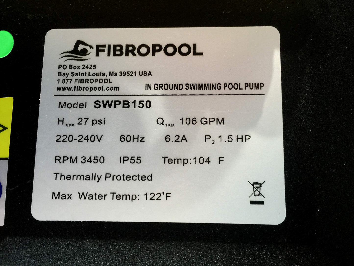 FibroPool 1.5 HP Swimming Pool Pump for In Ground Pools and Spas - 1.5 Horsepower - Designed in the USA - High Efficiency Single Speed Motor With Clear Top Lid - FP150