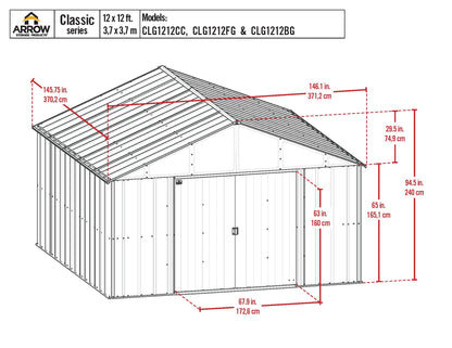 Arrow Sheds Classic Hangar de rangement extérieur cadenassable en acier de 12 pi x 12 pi, charbon de bois 