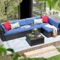 Greesum Patio Furniture Sets 6 Piece Outdoor Wicker Rattan Sectional Sofa with Cushions, Pillows & Glass Table, Dark Blue 6 Pieces