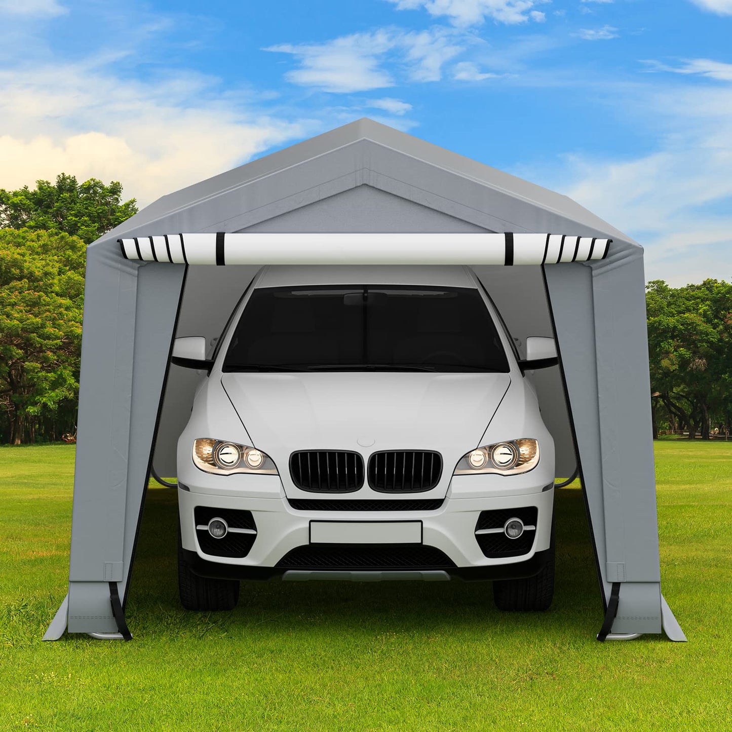 Tangkula Abri de voiture robuste de 3 x 4,9 m, garage portable extérieur avec poutres triangulaires renforcées, cadre en acier galvanisé, auvent de voiture en métal toutes saisons avec 2 portes amovibles pour voiture, camion, SUV, bateau 