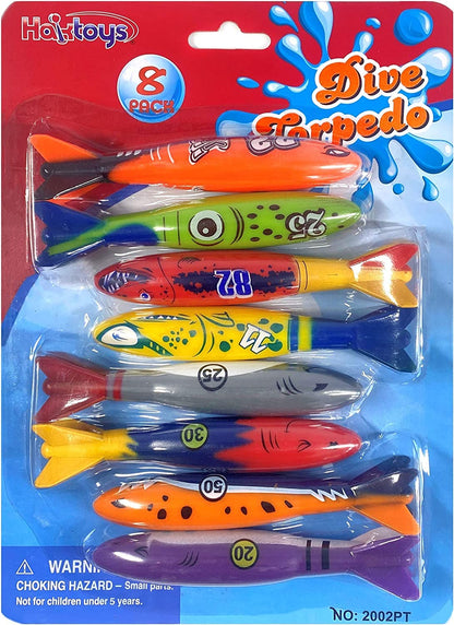 Haktoys Underwater Diving Torpedo Bandits, Swimming Pool Toy 5” Sharks Glides Up to 20 Feet Fun Water Games for Boys and Girls (Set of 8 Pieces) Multicolor Torpedoes