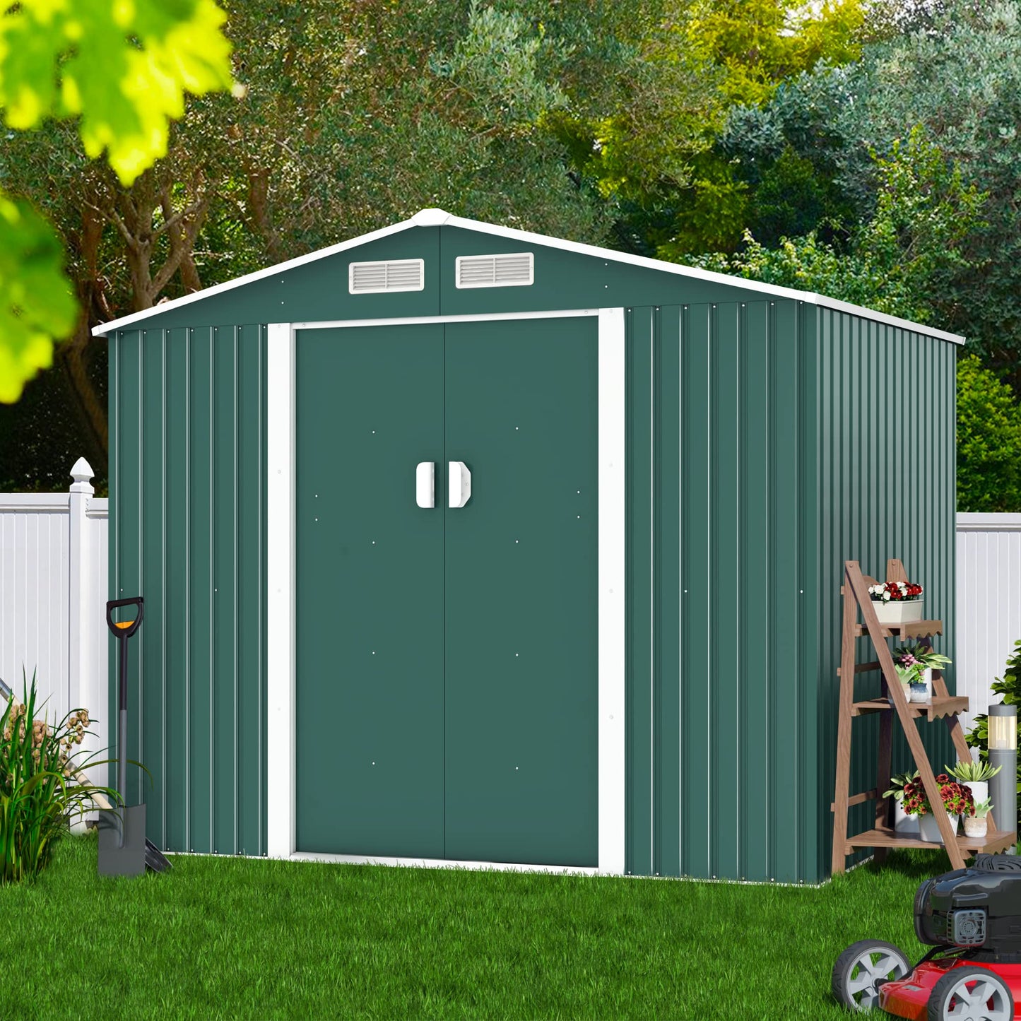 JAXPETY 6.3' x 9.1' Large Outdoor Garden Storage Shed, Backyard Steel Utility Tool Shed, Lawn Garage Building Organizer w/Sliding Door, Gable Roof, 4 Vents- Green