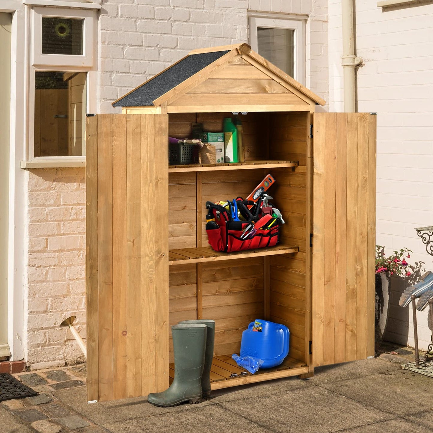 Outdoor Storage Shed with Floor, Wooden Storage Cabinet Waterproof, Garden Tool Shed with 3-Tier Shelves, Outside Vertical Shed with 2 Double Doors & Adjustable Legs, Fir Wood, Lockable (Natural) 35.4 x 22.4 x 69.3 Natural with 3 Tier Shelves & 2 Door