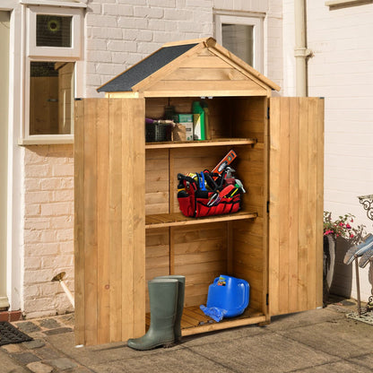 Outdoor Storage Shed with Floor, Wooden Storage Cabinet Waterproof, Garden Tool Shed with 3-Tier Shelves, Outside Vertical Shed with 2 Double Doors & Adjustable Legs, Fir Wood, Lockable (Natural) 35.4 x 22.4 x 69.3 Natural with 3 Tier Shelves & 2 Door