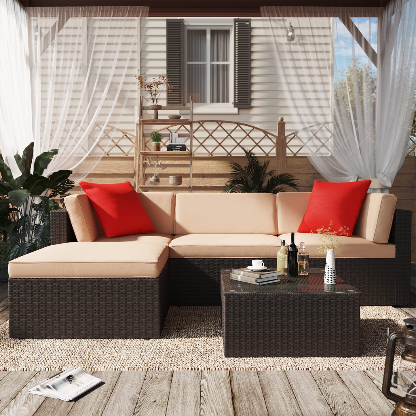 Greesum Patio Furniture Sets 5 Piece Outdoor Wicker Rattan Sectional Sofa with Cushions, Pillows & Glass Table, Beige 5 Pieces