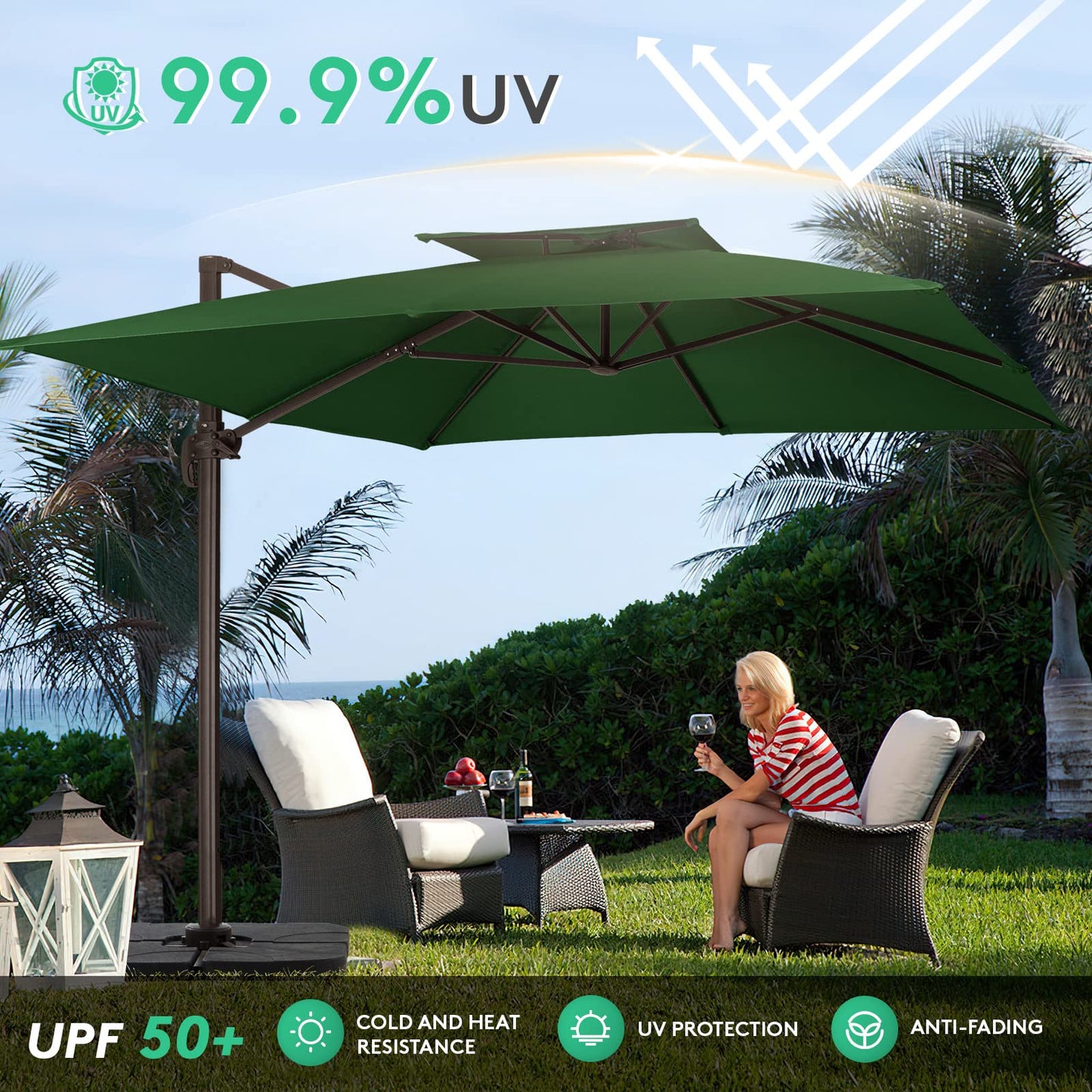 Parasol de terrasse carré en porte-à-faux 10FT VERT FONCÉ 