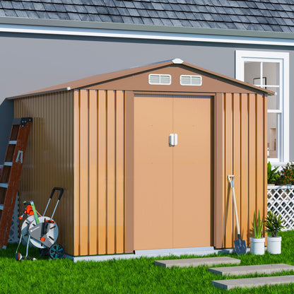 HOGYME Storage Shed 8' x 8' Outdoor Garden Shed Metal Shed Suitable for Storing Garden Tool Lawn Mower Ladder Coffee 8x8