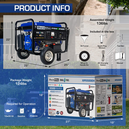 DuroMax XP5500EH Démarrage électrique pour camping et camping-car, générateur portable bicarburant approuvé par 50 États - 5 500 watts 