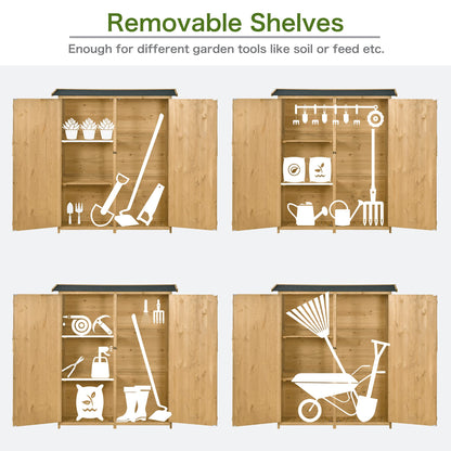 Abri de rangement extérieur avec portes verrouillables, organisateur d'outils de jardin en bois, armoire de rangement, meubles de terrasse avec étagères amovibles et toit étanche, pour jardin, nature naturelle #C, porte simple 