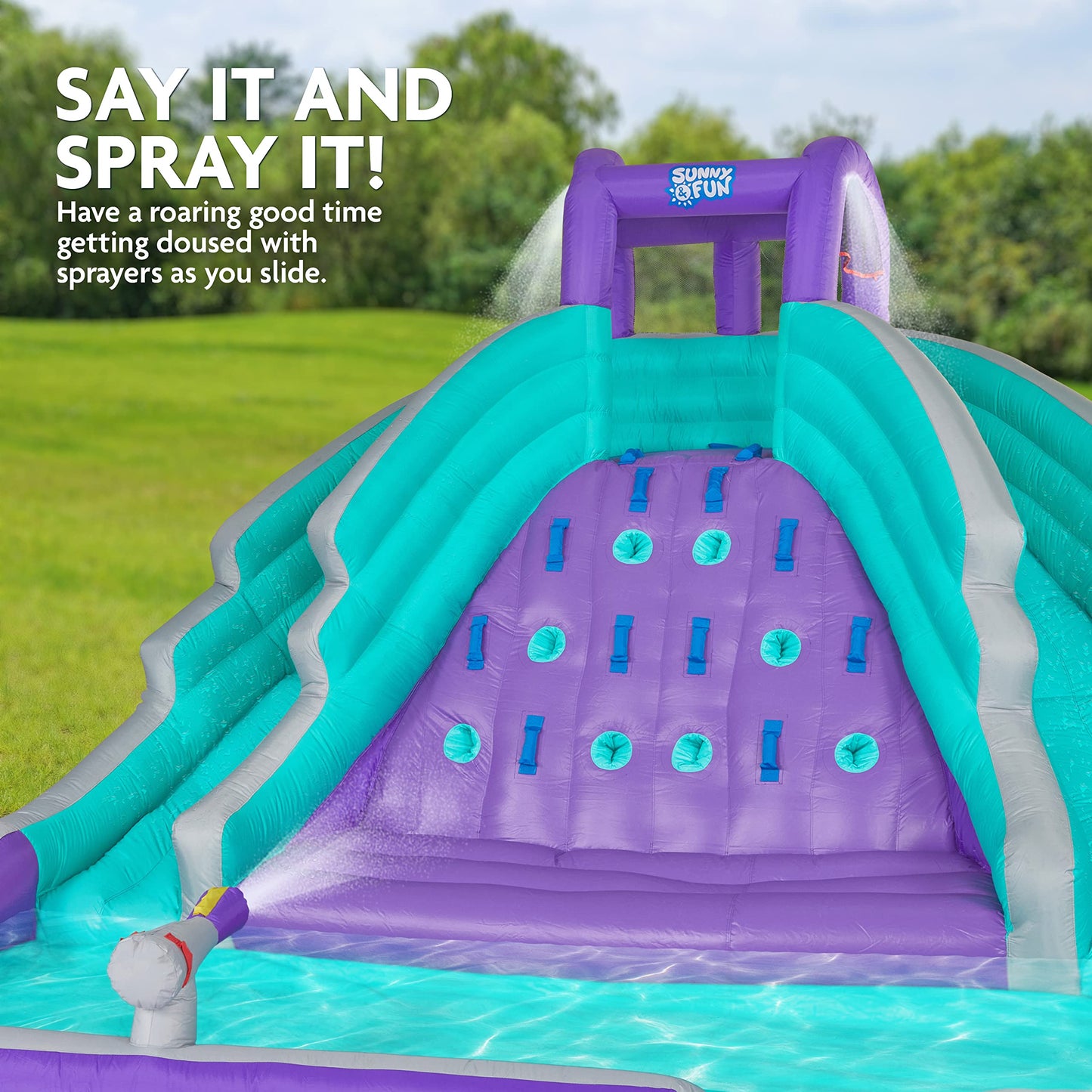 SUNNY & FUN Ultra Climber Inflatable Water Slide Park – Heavy-Duty for Outdoor Fun - Climbing Wall, Two Slides & Splash Pool – Easy to Set Up & Inflate with Included Air Pump & Carrying Case Purple