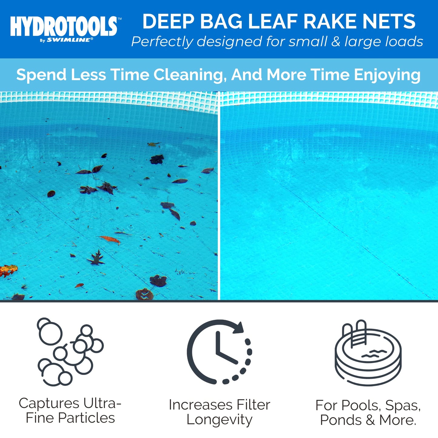 HYDROTOOLS By SWIMLINE 8041 Leaf Net For Inground Above Ground Pool Pond | Extra Large Skimmer Net Cleaning Tool Ultra Fine Deep Mesh Bag | Durable Reinforced Plastic Frame With Brush | Debris Pickup Heavy Duty W/ Brush (Molded)