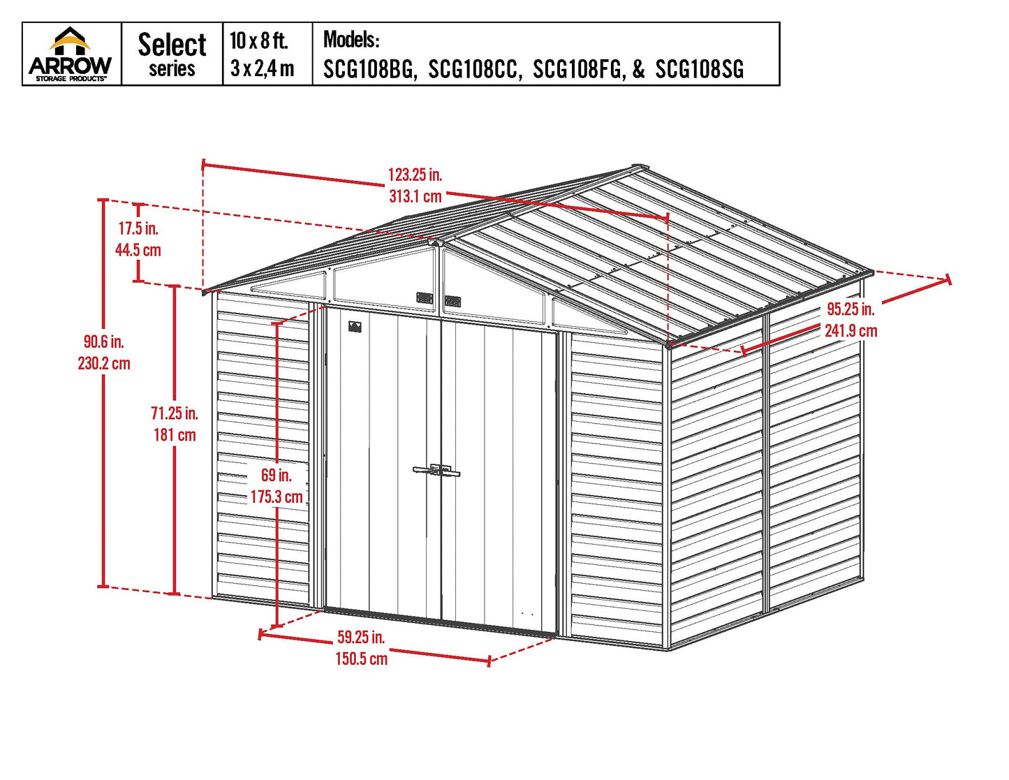 Arrow Shed Select Hangar de rangement extérieur verrouillable en acier, 10' x 8', charbon de bois 