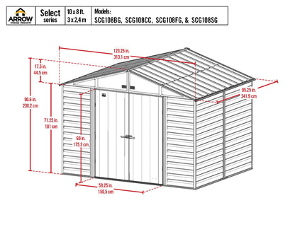 Arrow Shed Select Hangar de rangement extérieur verrouillable en acier, 10' x 8', charbon de bois 