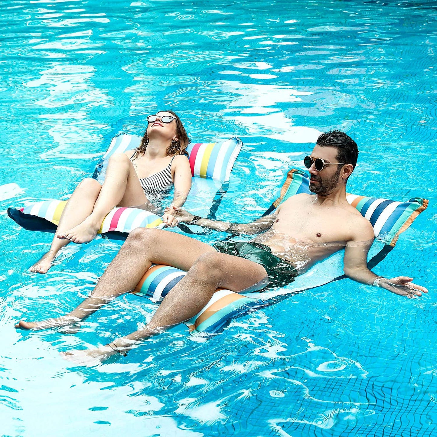 FindUWill Fabric Pool Hammock Floats, XL, 2Pack Inflatable Multi Purpose Water Hammocks Floaties (Saddle, Lounge Chair, Hammock, Drifter), Pool Float Lounger for Adults RAINBOW&KANAGAWA