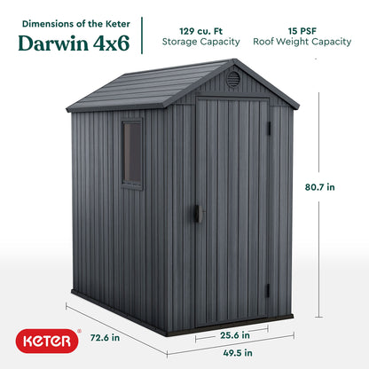 Keter Darwin Abri de rangement spacieux et robuste de 1,2 x 1,8 m pour organiser les accessoires de jardin et les outils d'extérieur avec porte verrouillable et plafond haut, gris 