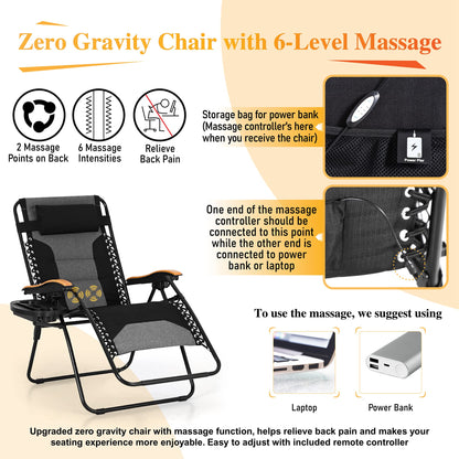 Sophia &amp; William XL Zero Gravity Chair avec massage, chaise longue inclinable à gravité surdimensionnée avec porte-gobelet gratuit, prend en charge 400 lb (noir) 1 paquet de massage noir