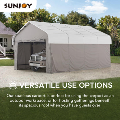 Sunjoy Carport 12 x 20 ft. Outdoor Gazebo with Fabric Enclosure & Sidewalls, Heavy Duty Garage with Powder-Coated Steel/Aluminum Roof and Frame, Gambrel Roof Carport for Car, Boat and Trailer White/Light Gray 12 x 20 ft.