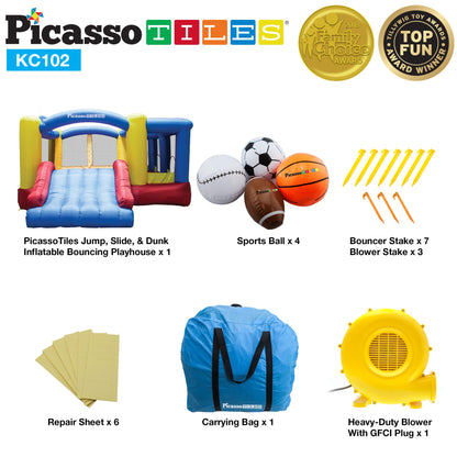 [Version de mise à niveau] Picasso Toys KC102 12 x 10 pieds Gonflable Bouncer Jumping Bouncer House, Jump Slide, Dunk Playhouse w/ Basketball Rim, 4 Sports Balls, Full-Size Entry, 580W ETL Certified Blower Bounce House102