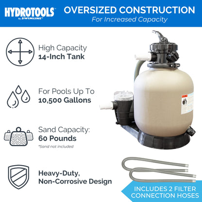 HYDROTOOLS By SWIMLINE Pool Sand Filter Pump For Above Ground & Inground Pool | 14 Inch Cleaner System 1/2 HP (0.45 THP) Horsepower 2400 GPH | Pools Up To 10500 Gallons Intex Bestway Compatible 71405 14'' A/G Sand Filter Up To 10500 Gal