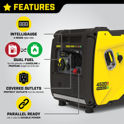 Champion Power Equipment 200988 4500-Watt Dual Fuel RV Ready Portable Inverter Generator, Electric Start 4500-Watt + Dual Fuel + EZ Electric Start