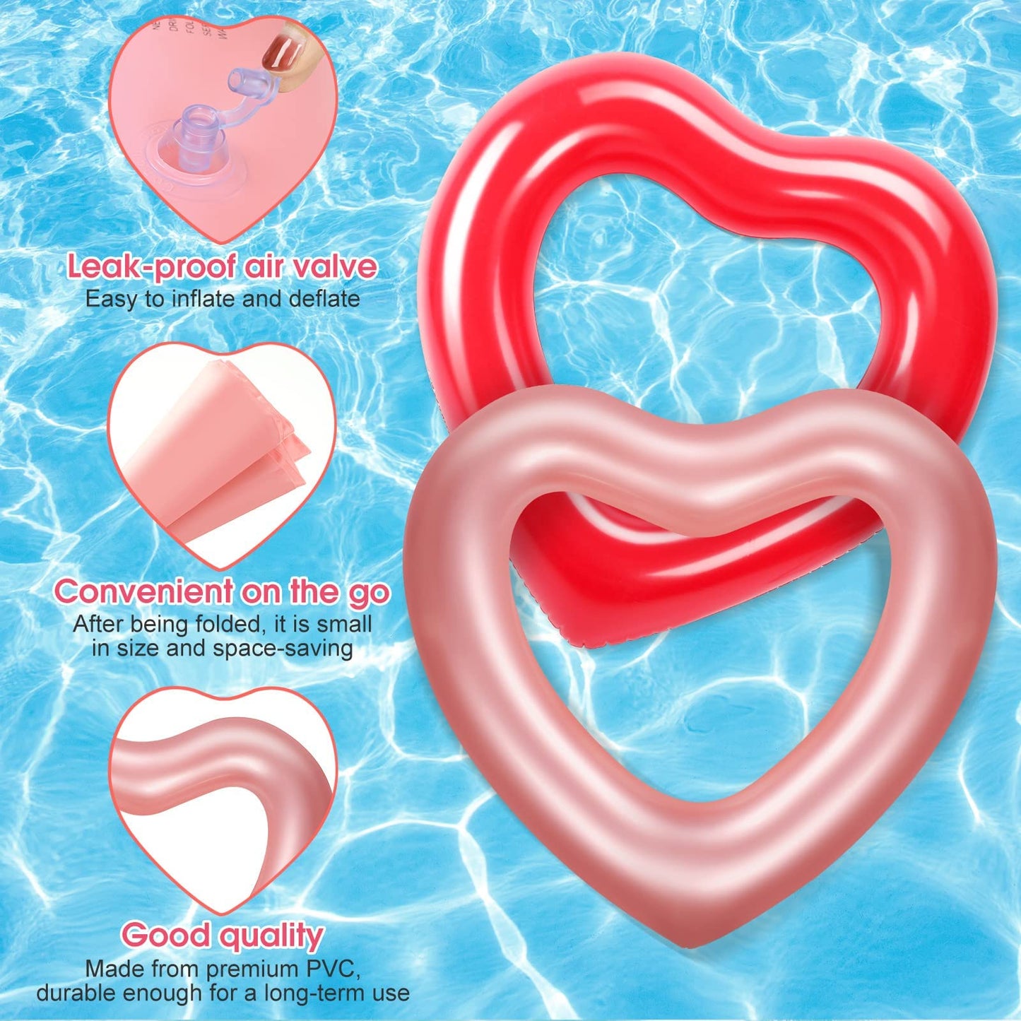 2 Pieces Heart Pool Float, 47.3 x 39.4 Inch Inflatable Swim Rings Bachelorette Party Pool Float Tube, Heart Shaped Summer Swimming Ring, Water Fun Beach Party for Adults (Rose Gold, Bright Red)