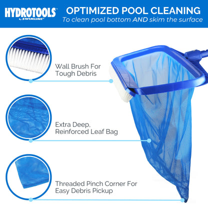 HYDROTOOLS By SWIMLINE 8041 Leaf Net For Inground Above Ground Pool Pond | Extra Large Skimmer Net Cleaning Tool Ultra Fine Deep Mesh Bag | Durable Reinforced Plastic Frame With Brush | Debris Pickup Heavy Duty W/ Brush (Molded)